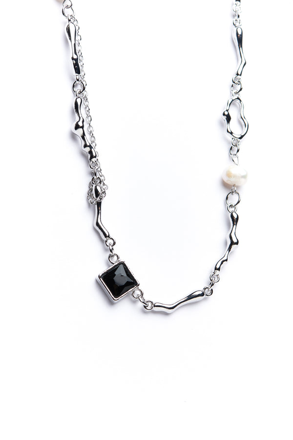 Silver Twig And Black Square Chain