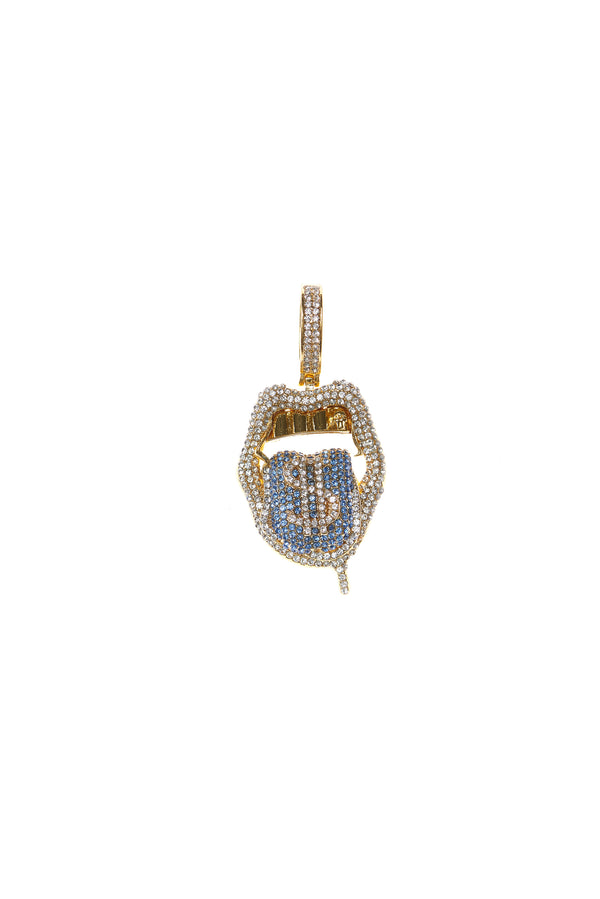 Gold Blue Skull Tongue Dollar Sign Pendant