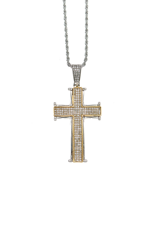 Two Tone Cross Pendant with 24 Inch Rope Chain