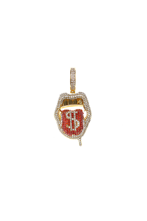 Gold Red Skull Tongue Dollar Sign Pendant