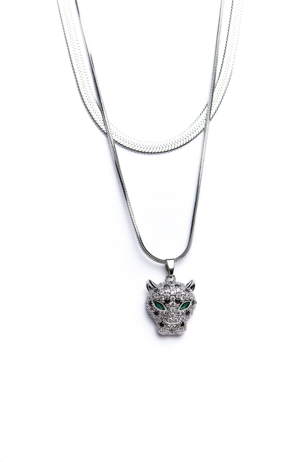 Silver Green Eye Cougar Necklace