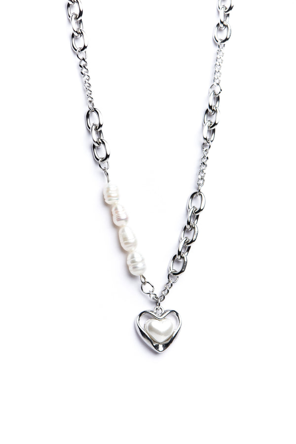 Silver Pearl Heart Necklace