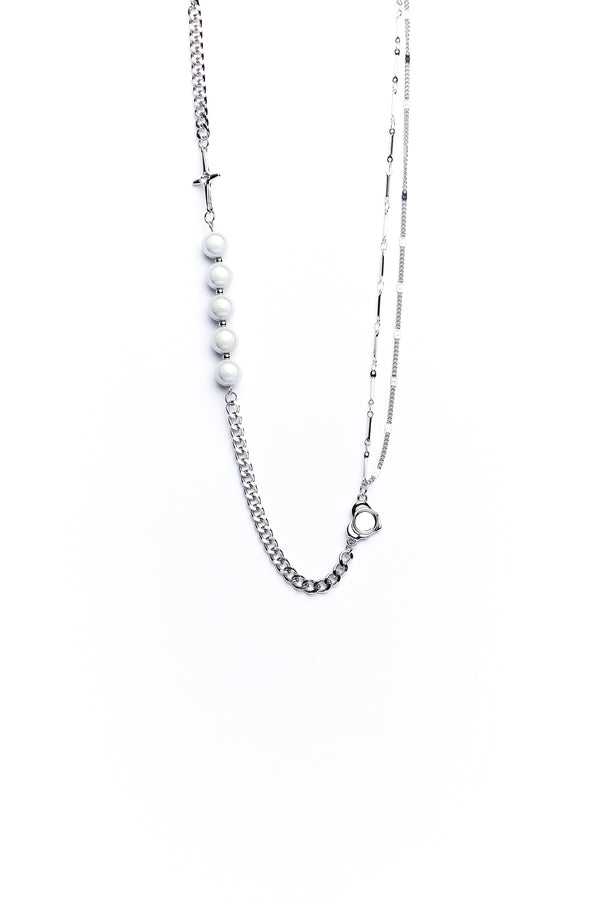 Silver Cross And White Bead Chain