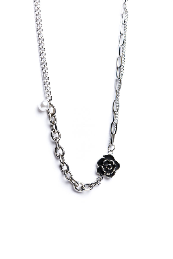 Silver Rose And White Bead Chain