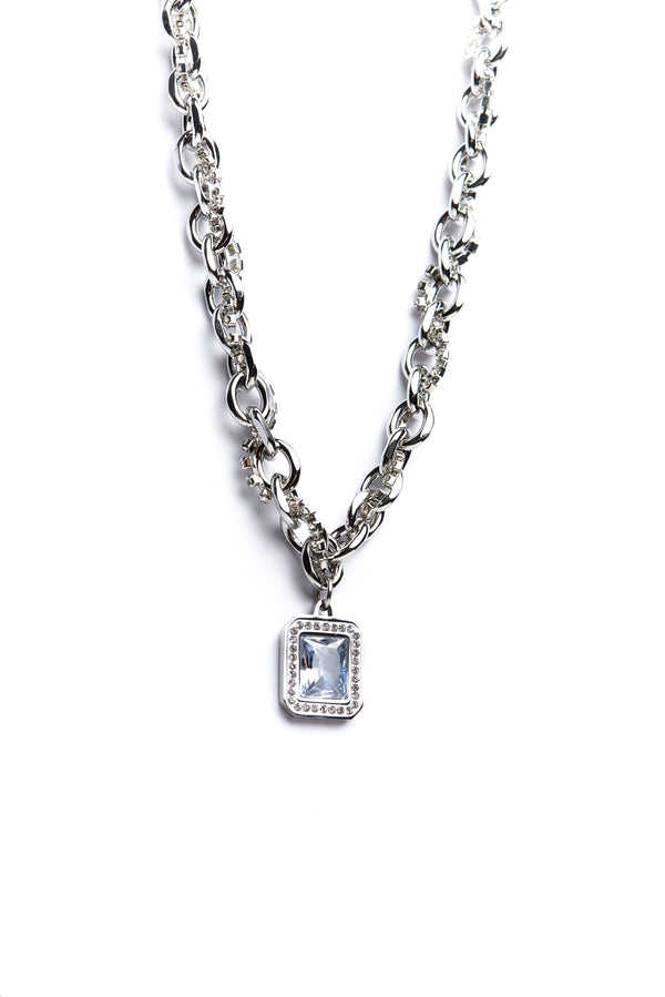 Silver Square Light Blue Gemstone Necklace