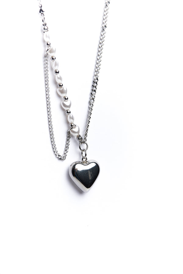 Silver Simple Heart And Pearl Necklace